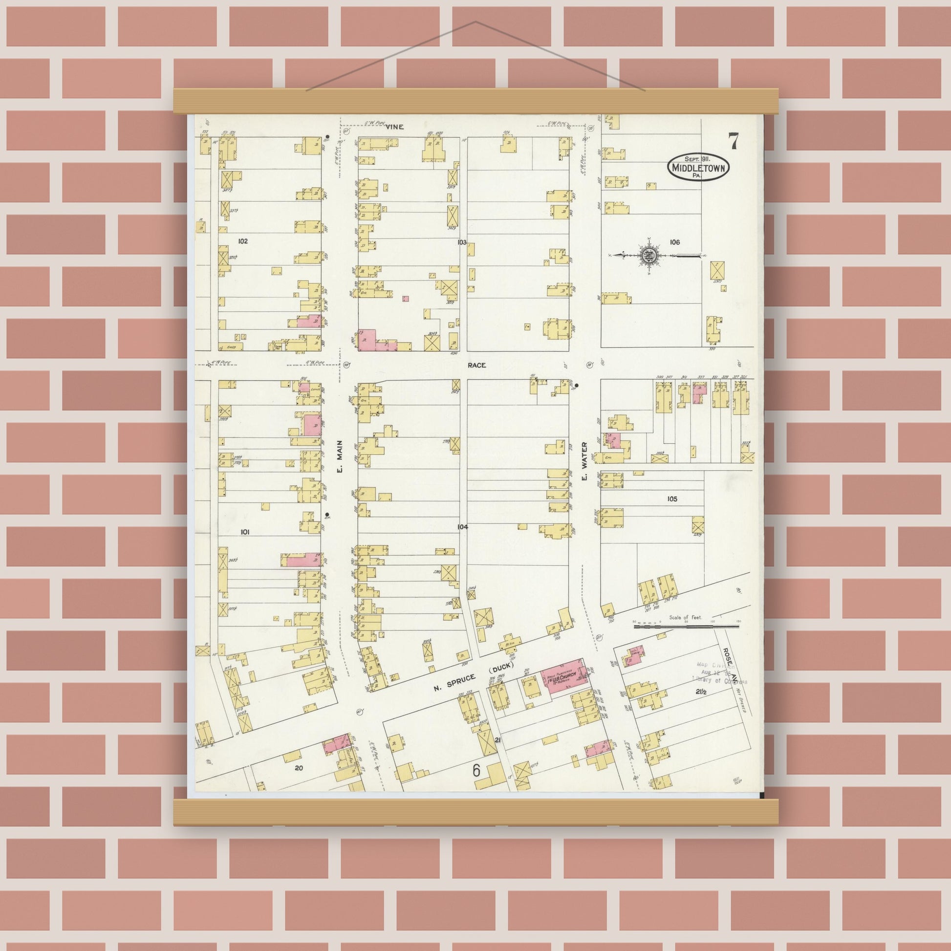 Old map wall art mockup — magnetic wood frame on brick wall — Sanborn Fire Insurance Map from Middletown, Dauphin County, Pennsylvania (1911), Sheet #0007