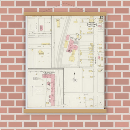Old map wall art mockup — magnetic wood frame on brick wall — Sanborn Fire Insurance Map from Middletown, Butler County, Ohio (1895), Sheet #0012