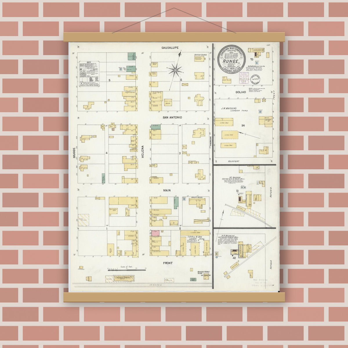 Old map wall art mockup — magnetic wood frame on brick wall — Sanborn Fire Insurance Map from Runge, Karnes County, Texas (1902), Sheet #0001