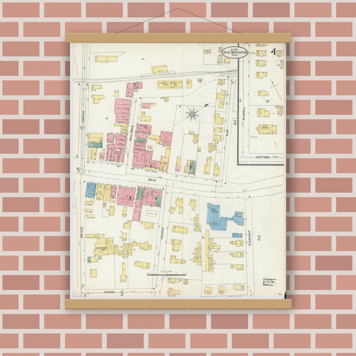 Old map wall art mockup — magnetic wood frame on brick wall — Sanborn Fire Insurance Map from Great Barrington, Berkshire County, Massachusetts (1898), Sheet #0004