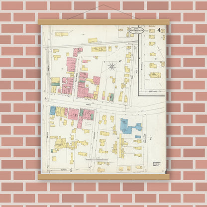 Old map wall art mockup — magnetic wood frame on brick wall — Sanborn Fire Insurance Map from Great Barrington, Berkshire County, Massachusetts (1898), Sheet #0004