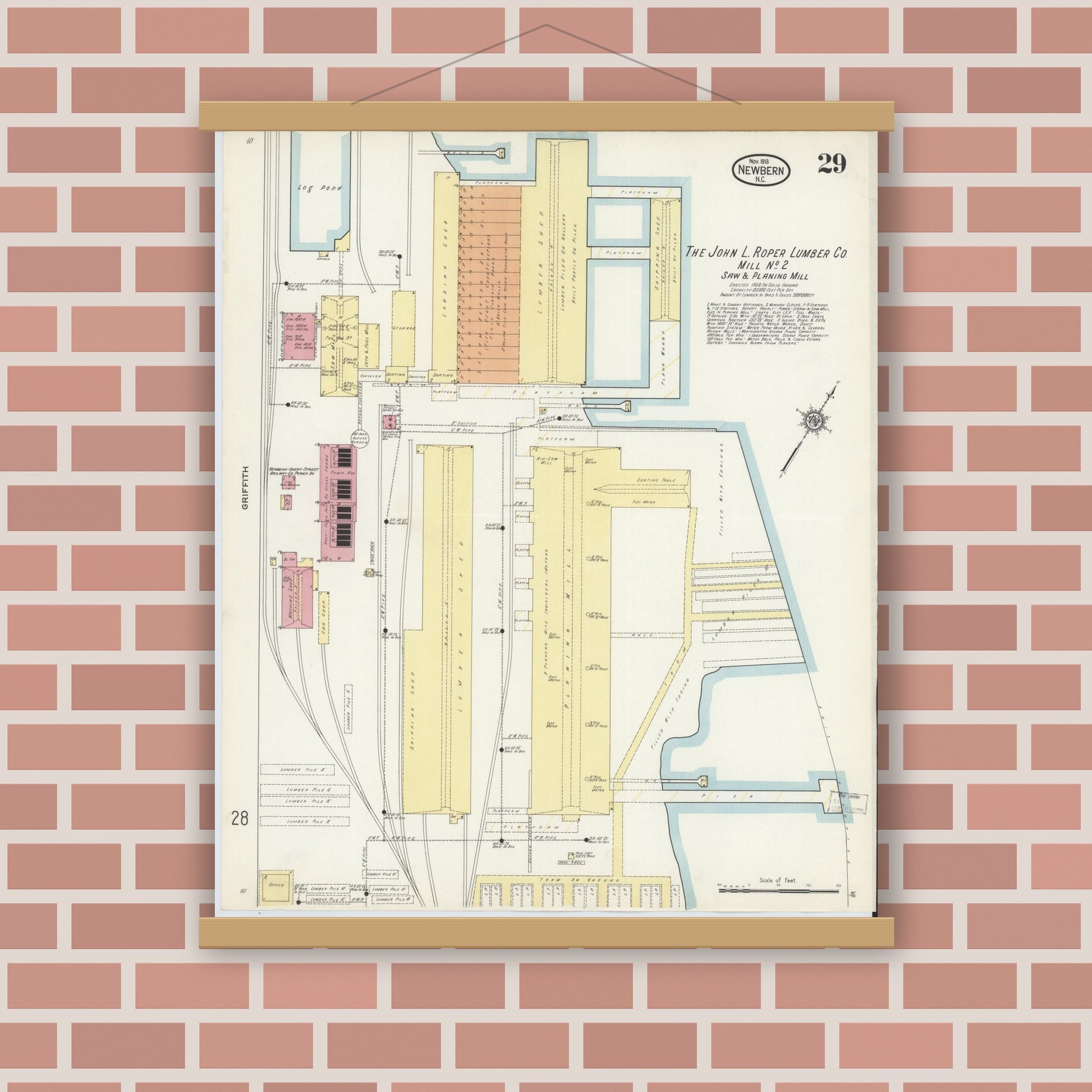 Old map wall art mockup — magnetic wood frame on brick wall — Sanborn Fire Insurance Map from New Bern, Craven County, North Carolina (1913), Sheet #0029