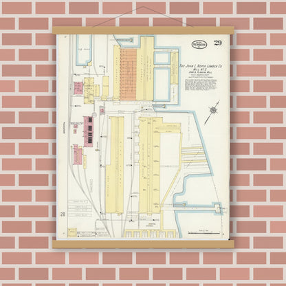 Old map wall art mockup — magnetic wood frame on brick wall — Sanborn Fire Insurance Map from New Bern, Craven County, North Carolina (1913), Sheet #0029