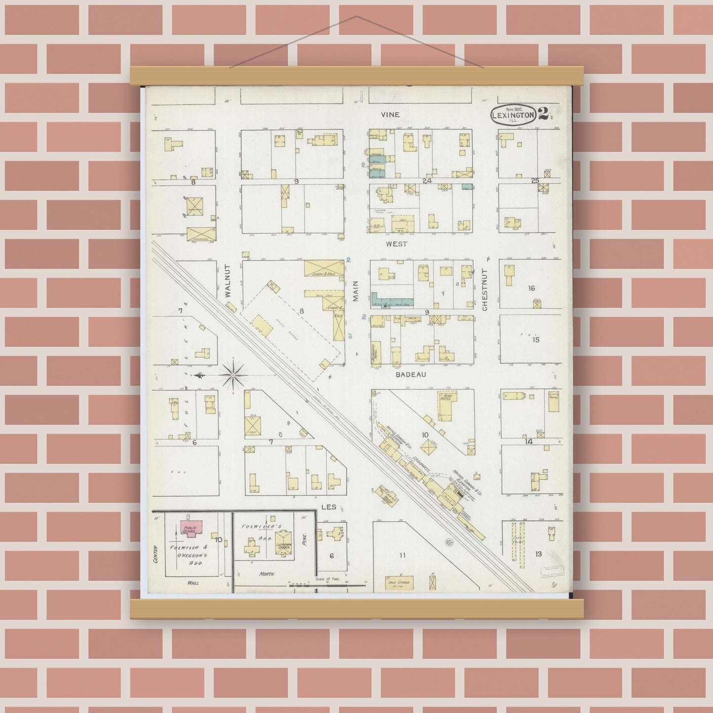 Old map wall art mockup — magnetic wood frame on brick wall — Sanborn Fire Insurance Map from Lexington, McLean County, Illinois (1892), Sheet #0002