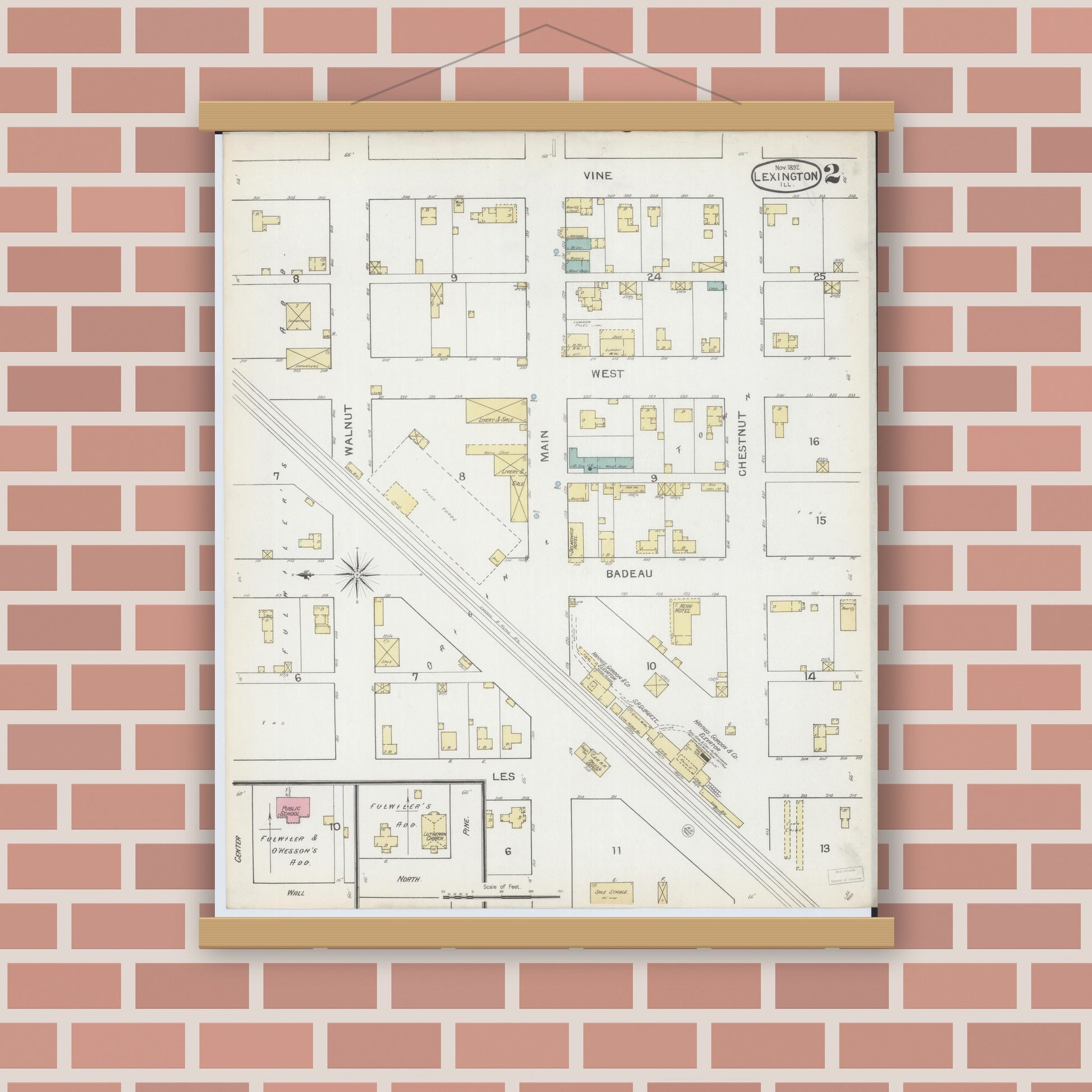 Old map wall art mockup — magnetic wood frame on brick wall — Sanborn Fire Insurance Map from Lexington, McLean County, Illinois (1892), Sheet #0002