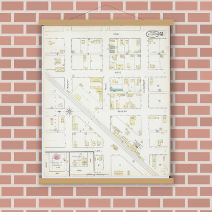 Old map wall art mockup — magnetic wood frame on brick wall — Sanborn Fire Insurance Map from Lexington, McLean County, Illinois (1892), Sheet #0002