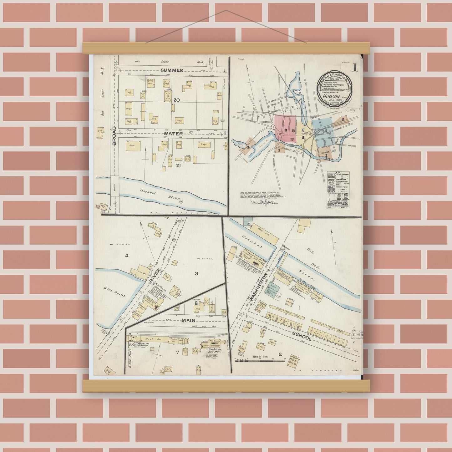 Old map wall art mockup — magnetic wood frame on brick wall — Sanborn Fire Insurance Map from Hudson, Middlesex County, Massachusetts (1888), Sheet #0001