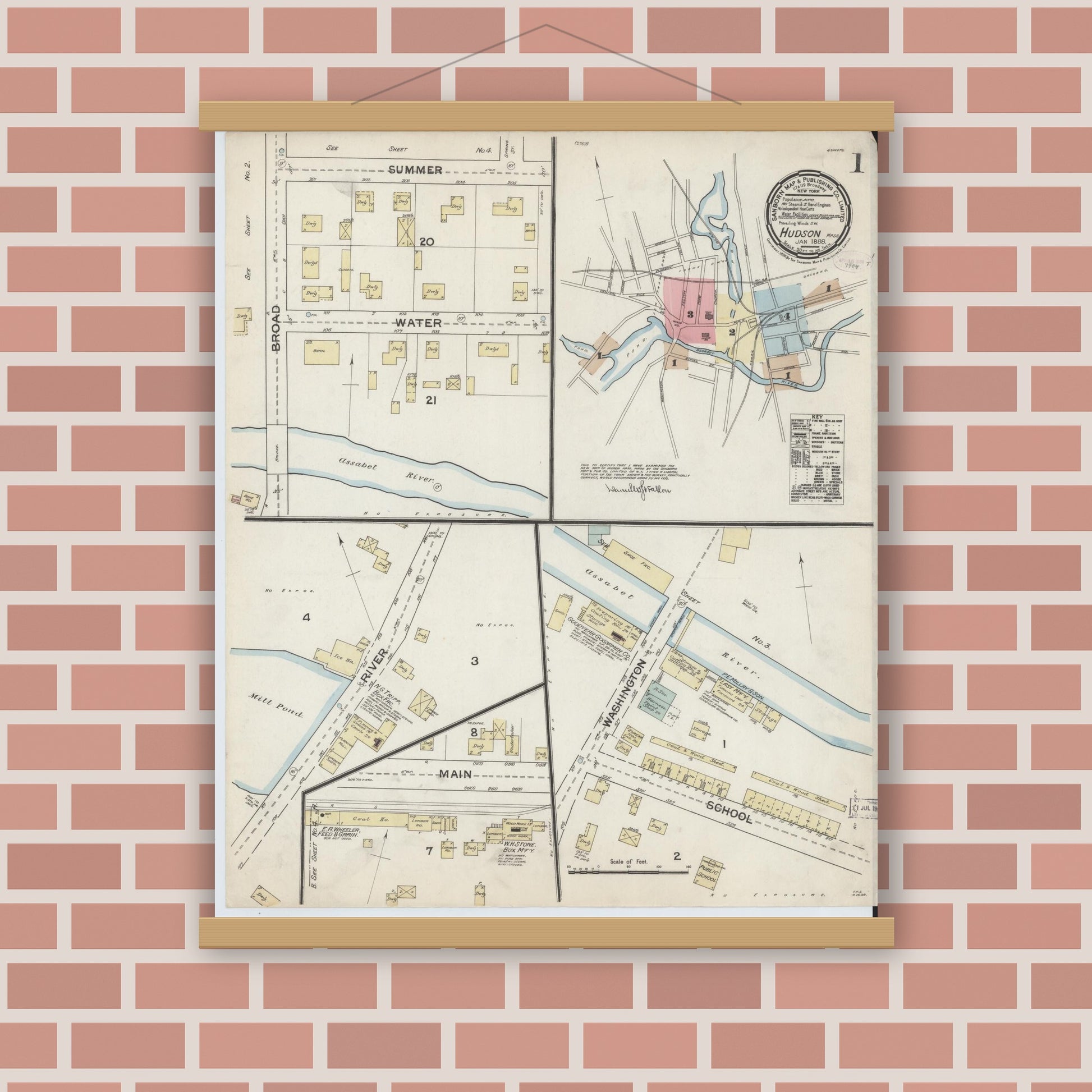 Old map wall art mockup — magnetic wood frame on brick wall — Sanborn Fire Insurance Map from Hudson, Middlesex County, Massachusetts (1888), Sheet #0001