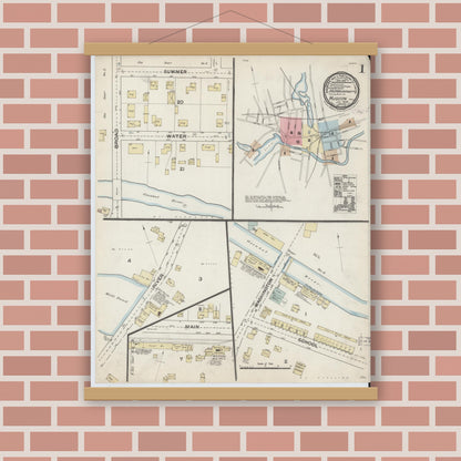 Old map wall art mockup — magnetic wood frame on brick wall — Sanborn Fire Insurance Map from Hudson, Middlesex County, Massachusetts (1888), Sheet #0001
