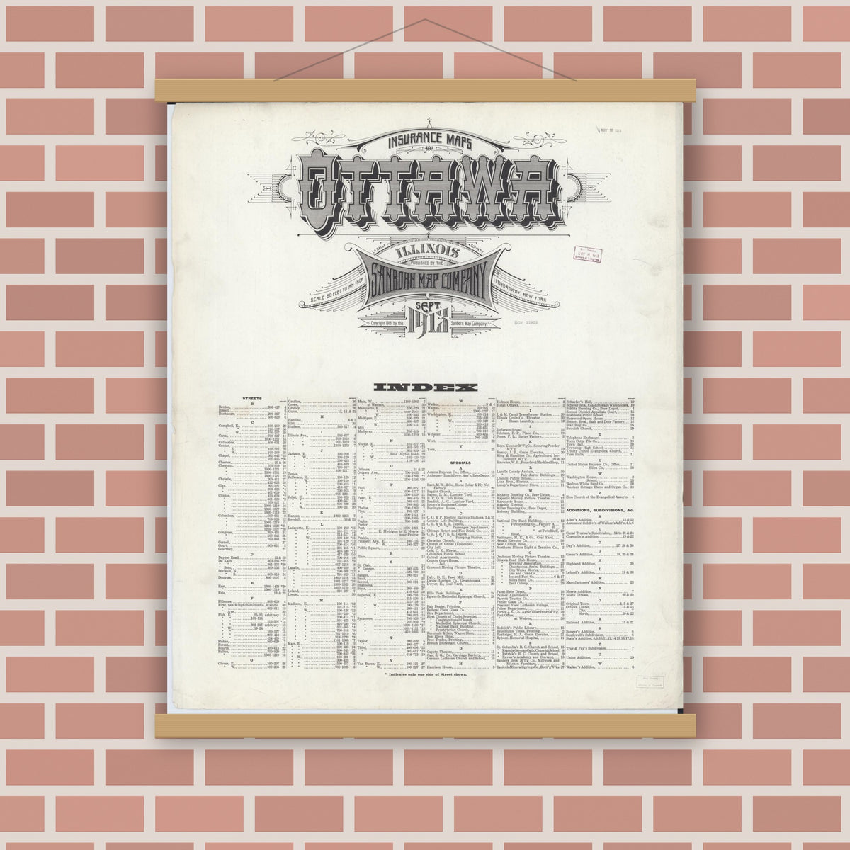 Old map wall art mockup — magnetic wood frame on brick wall — Sanborn Fire Insurance Map from Ottawa, La Salle County, Illinois (1913), Sheet #0001