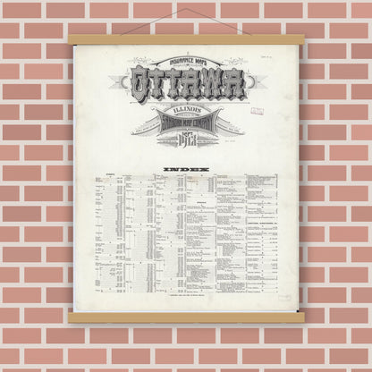 Old map wall art mockup — magnetic wood frame on brick wall — Sanborn Fire Insurance Map from Ottawa, La Salle County, Illinois (1913), Sheet #0001