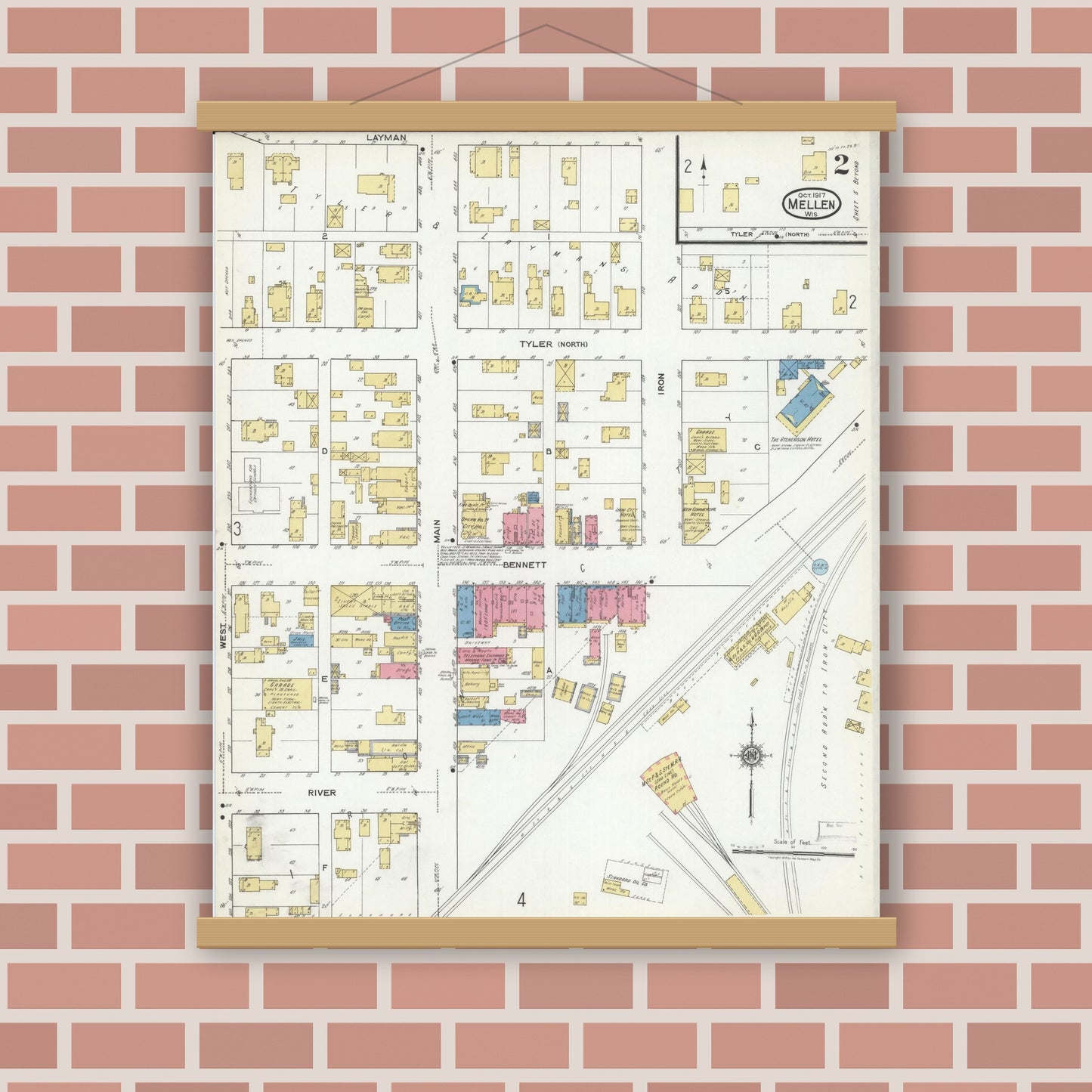 Old map wall art mockup — magnetic wood frame on brick wall — Sanborn Fire Insurance Map from Mellen, Ashland County, Wisconsin (1917), Sheet #0002