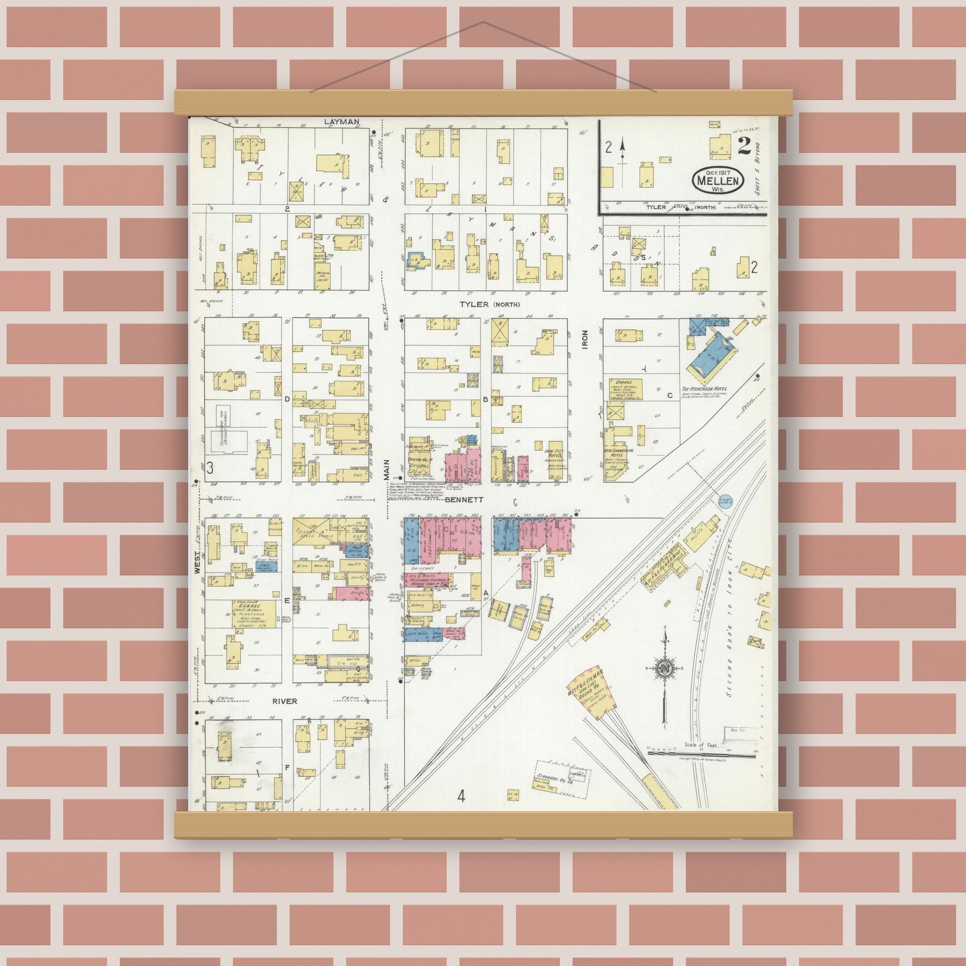 Old map wall art mockup — magnetic wood frame on brick wall — Sanborn Fire Insurance Map from Mellen, Ashland County, Wisconsin (1917), Sheet #0002