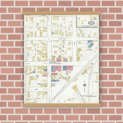 Old map wall art mockup — magnetic wood frame on brick wall — Sanborn Fire Insurance Map from Mellen, Ashland County, Wisconsin (1917), Sheet #0002