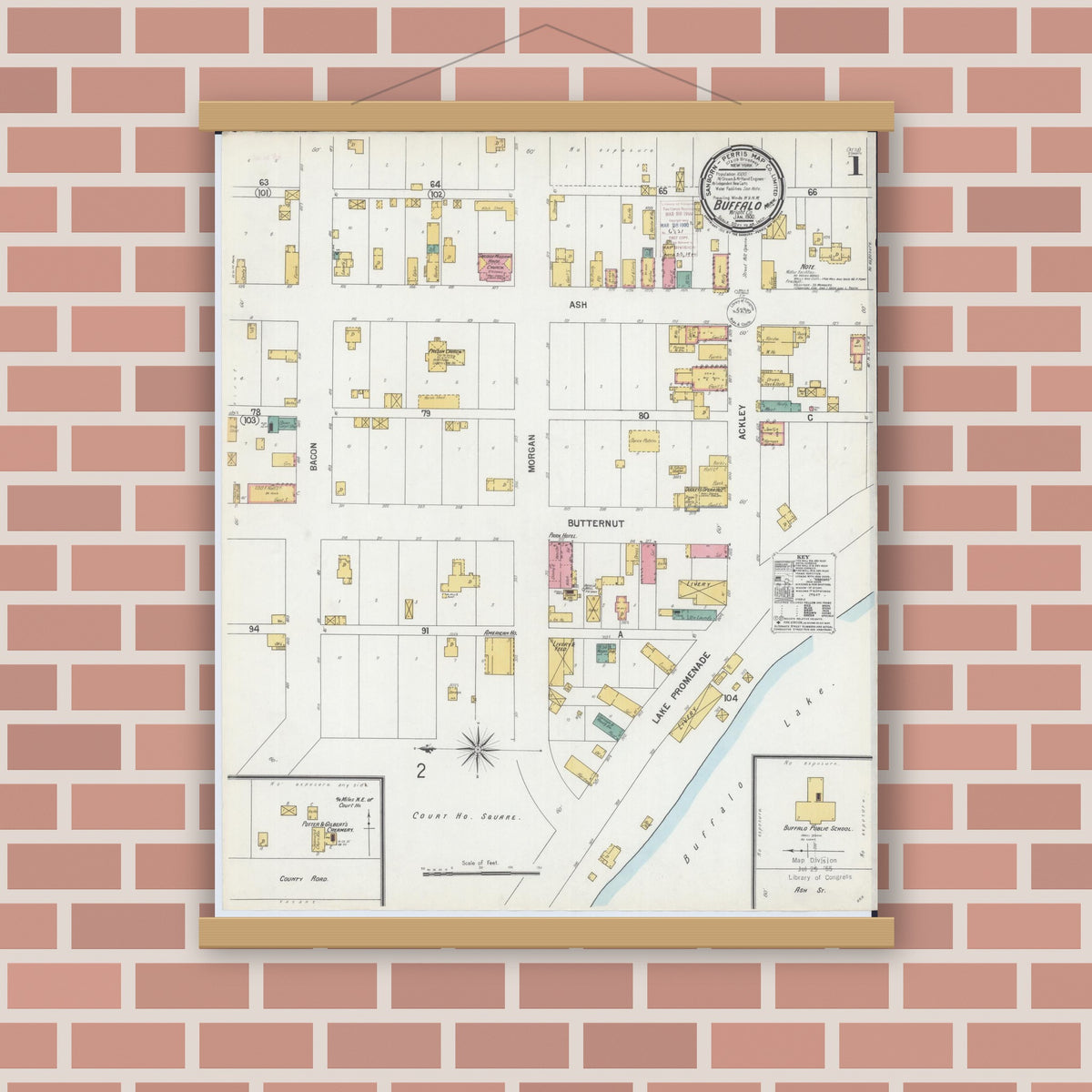 Old map wall art mockup — magnetic wood frame on brick wall — Sanborn Fire Insurance Map from Buffalo, Wright County, Minnesota (1900) - Complete Map Set