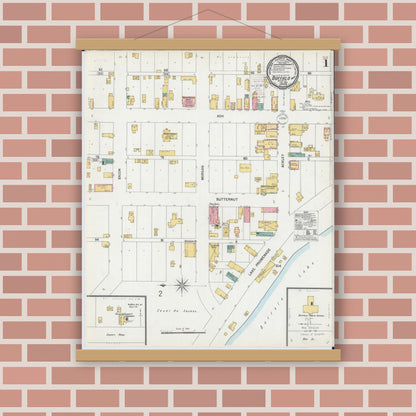 Old map wall art mockup — magnetic wood frame on brick wall — Sanborn Fire Insurance Map from Buffalo, Wright County, Minnesota (1900) - Complete Map Set