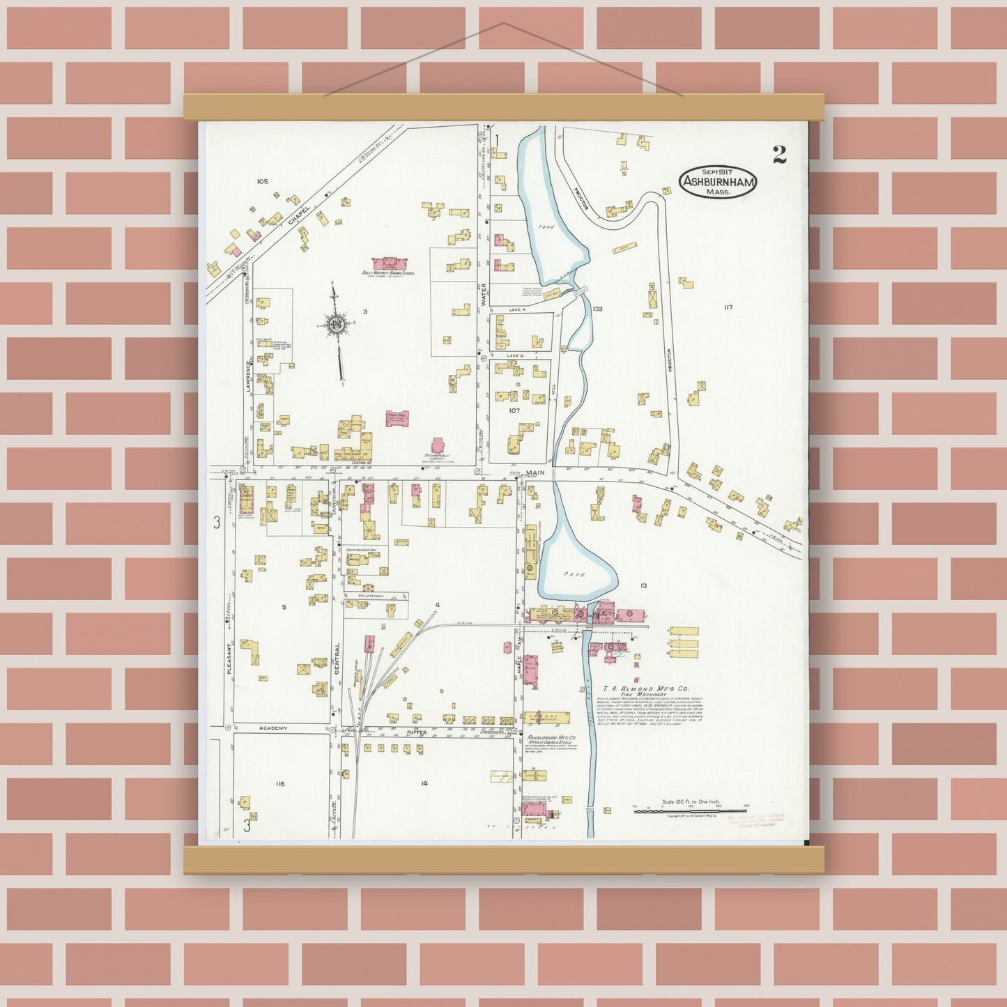 Old map wall art mockup — magnetic wood frame on brick wall — Sanborn Fire Insurance Map from Ashburnham, Worcester County, Massachusetts (1917), Sheet #0002