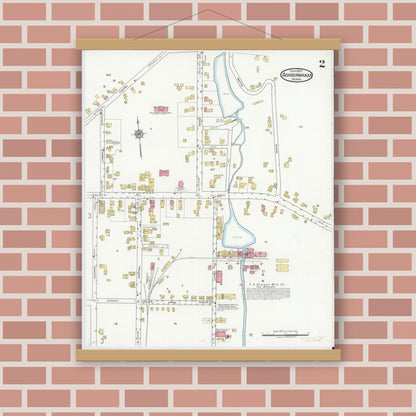 Old map wall art mockup — magnetic wood frame on brick wall — Sanborn Fire Insurance Map from Ashburnham, Worcester County, Massachusetts (1917), Sheet #0002