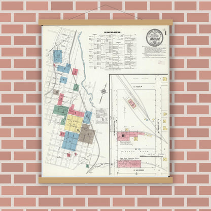 Old map wall art mockup — magnetic wood frame on brick wall — Sanborn Fire Insurance Map from Neosho, Newton County, Missouri (1909) - Complete Map Set
