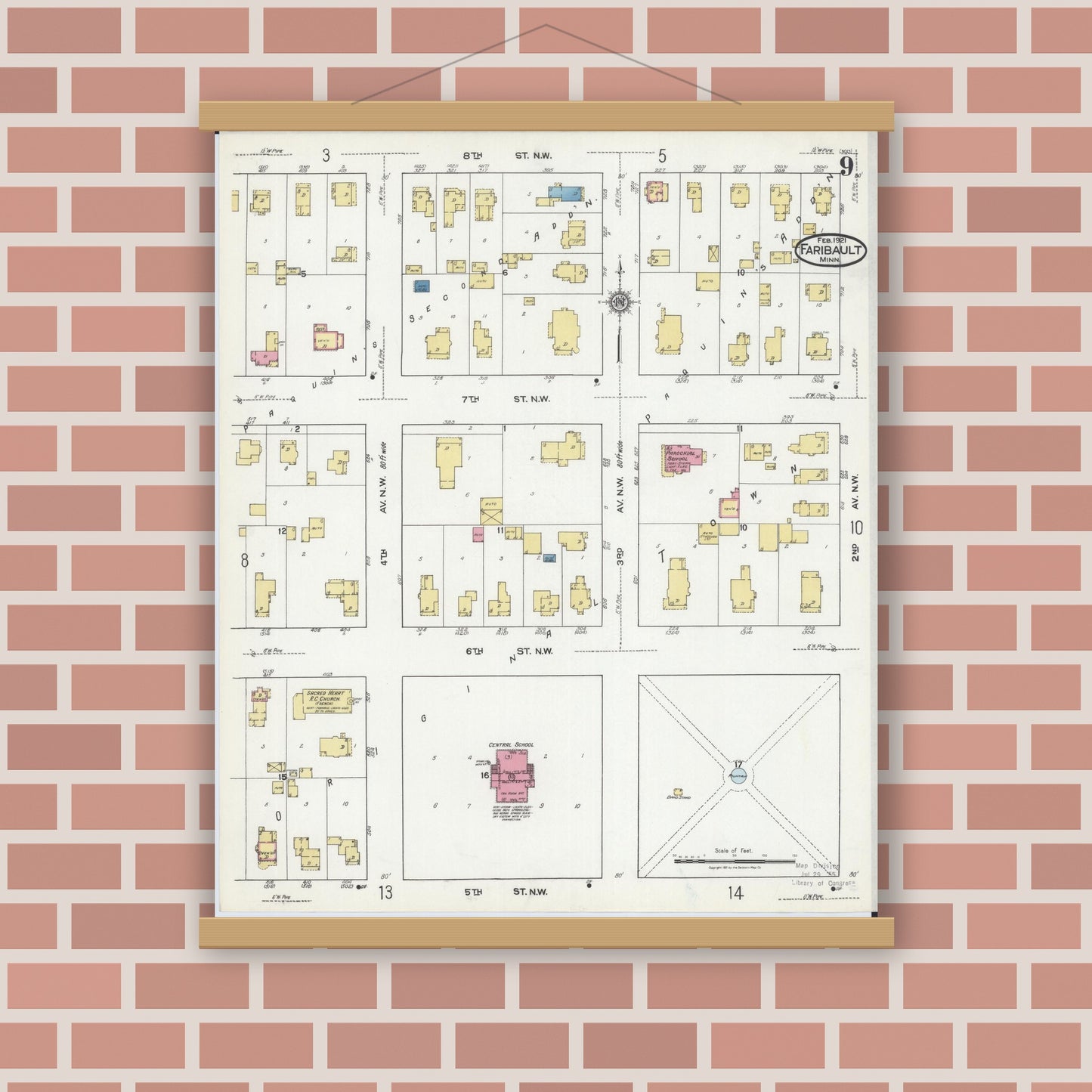 Old map wall art mockup — magnetic wood frame on brick wall — Sanborn Fire Insurance Map from Faribault, Rice County, Minnesota (1921), Sheet #0009