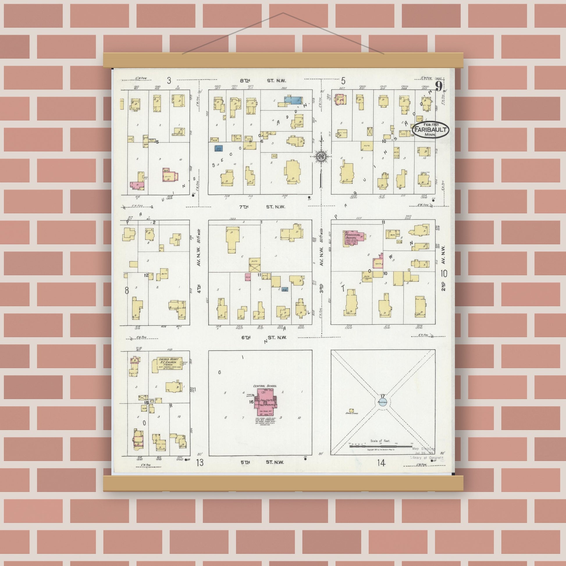 Old map wall art mockup — magnetic wood frame on brick wall — Sanborn Fire Insurance Map from Faribault, Rice County, Minnesota (1921), Sheet #0009