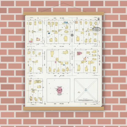 Old map wall art mockup — magnetic wood frame on brick wall — Sanborn Fire Insurance Map from Faribault, Rice County, Minnesota (1921), Sheet #0009