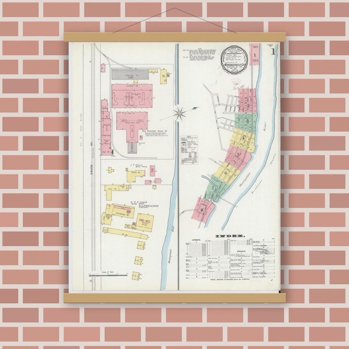 Old map wall art mockup — magnetic wood frame on brick wall — Sanborn Fire Insurance Map from Monongahela City, Washington County, Pennsylvania (1895) - Complete Map Set
