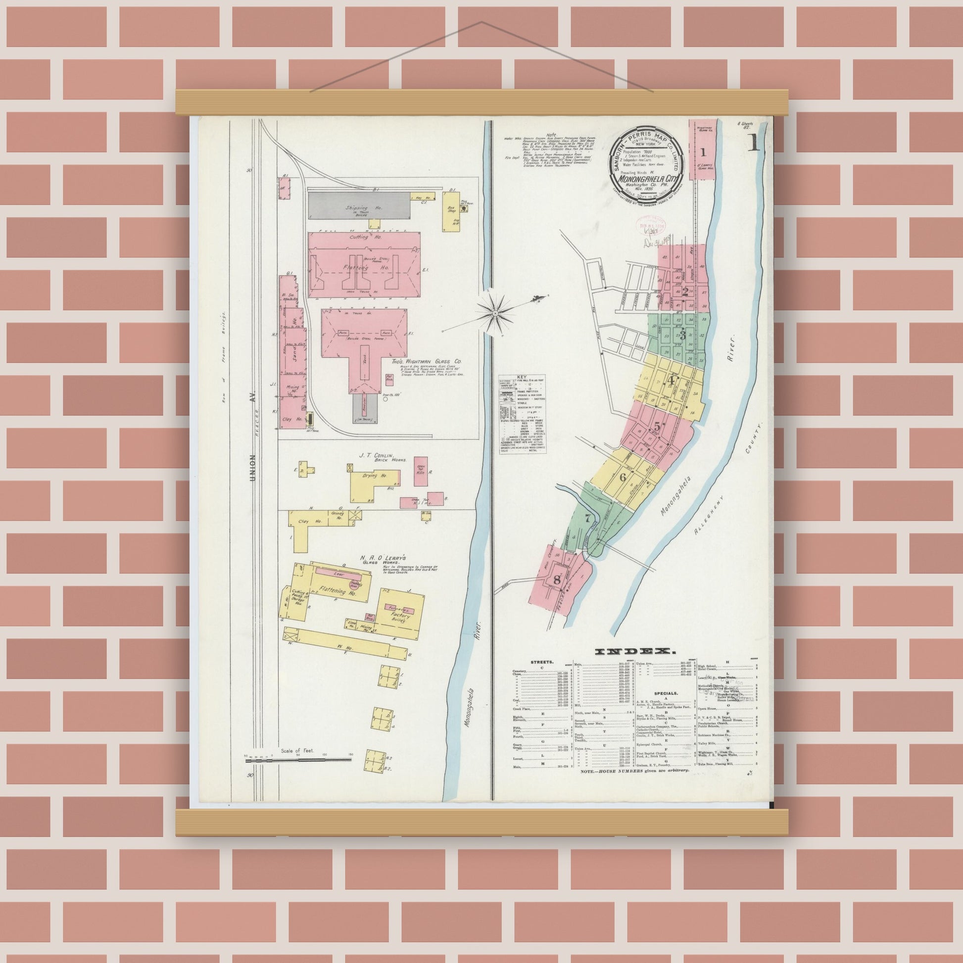 Old map wall art mockup — magnetic wood frame on brick wall — Sanborn Fire Insurance Map from Monongahela City, Washington County, Pennsylvania (1895) - Complete Map Set