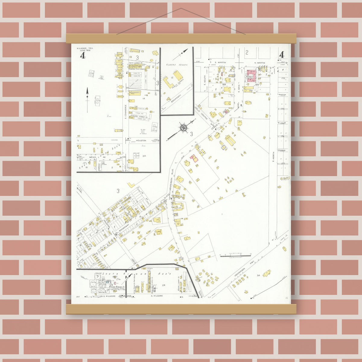 Old map wall art mockup — magnetic wood frame on brick wall — Sanborn Fire Insurance Map from Kilgore, Gregg County, Texas (1932), Sheet #0004