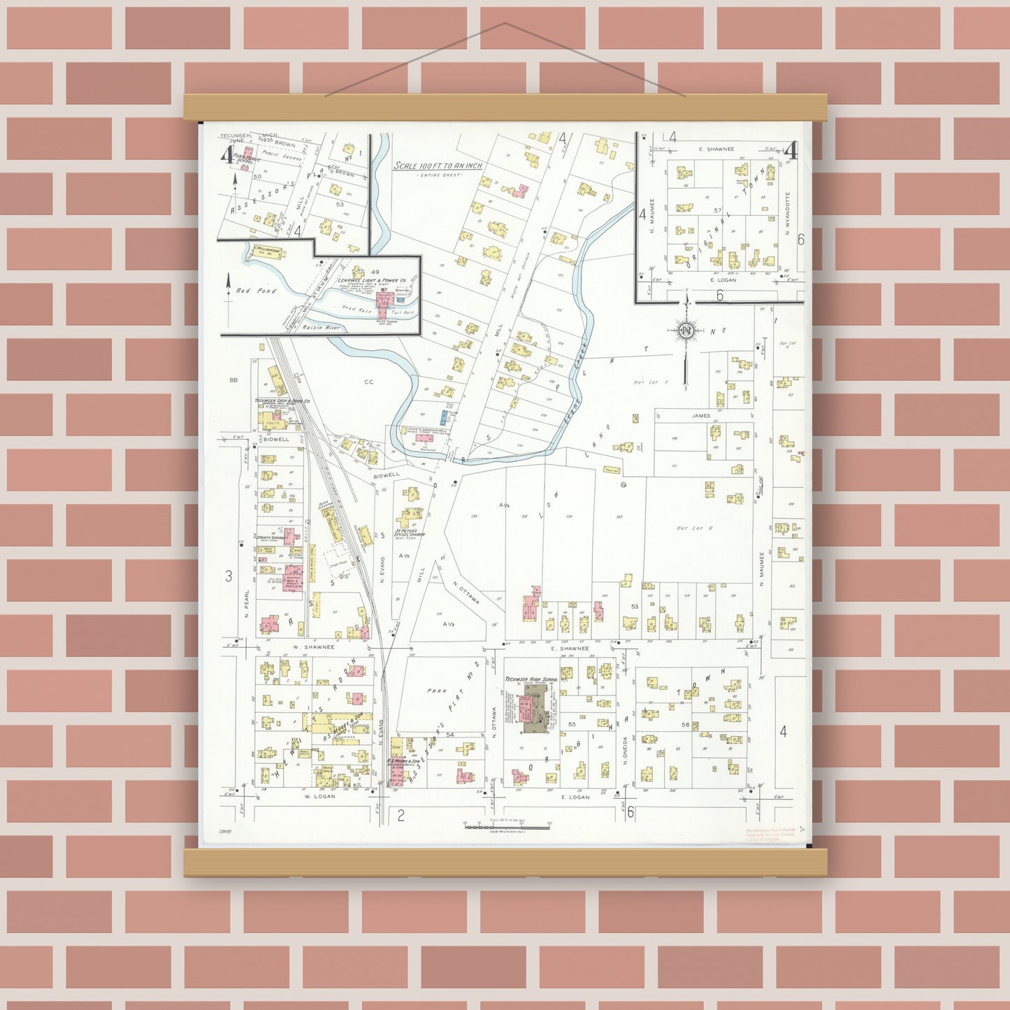 Old map wall art mockup — magnetic wood frame on brick wall — Sanborn Fire Insurance Map from Tecumseh, Lenawee County, Michigan (1935), Sheet #0004