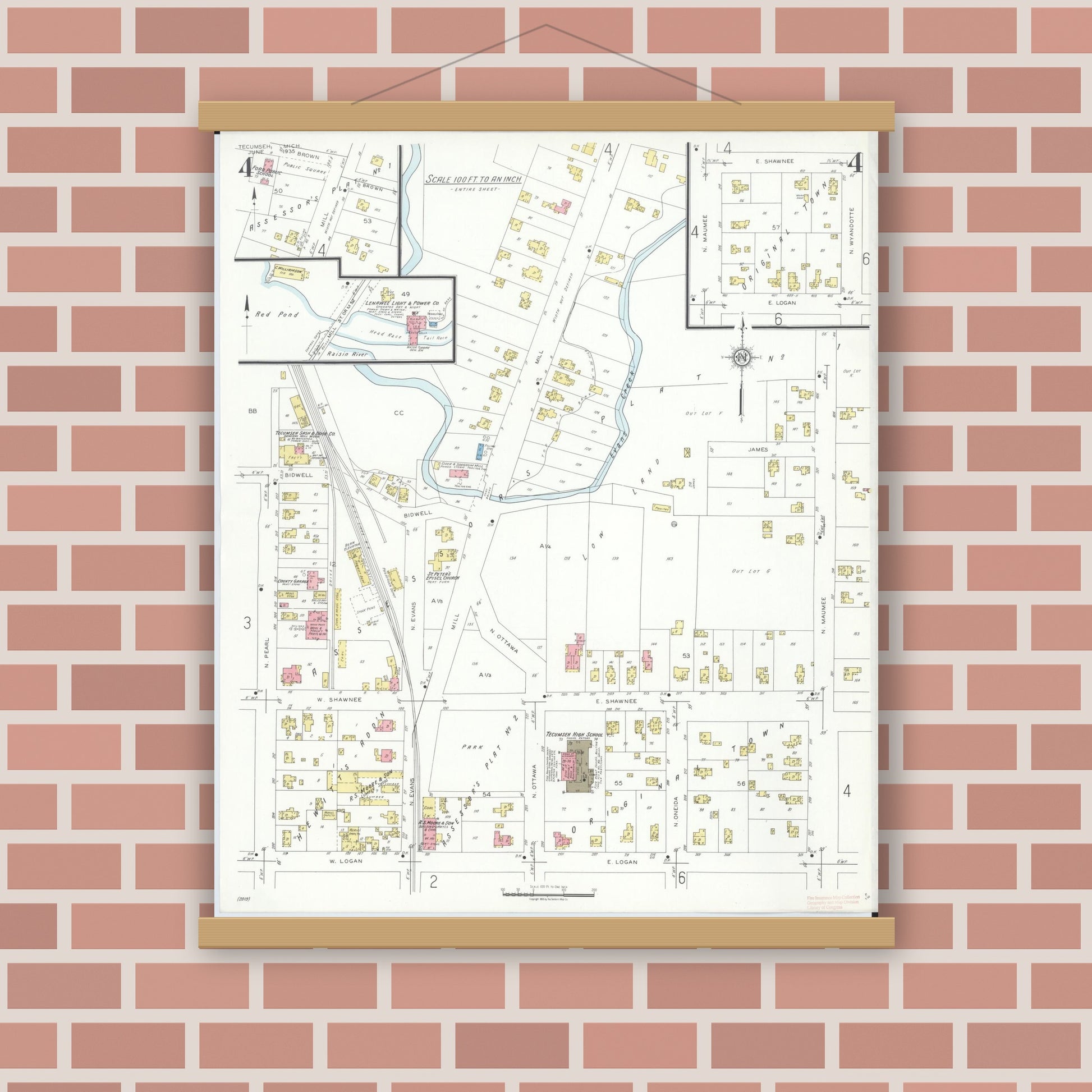 Old map wall art mockup — magnetic wood frame on brick wall — Sanborn Fire Insurance Map from Tecumseh, Lenawee County, Michigan (1935), Sheet #0004