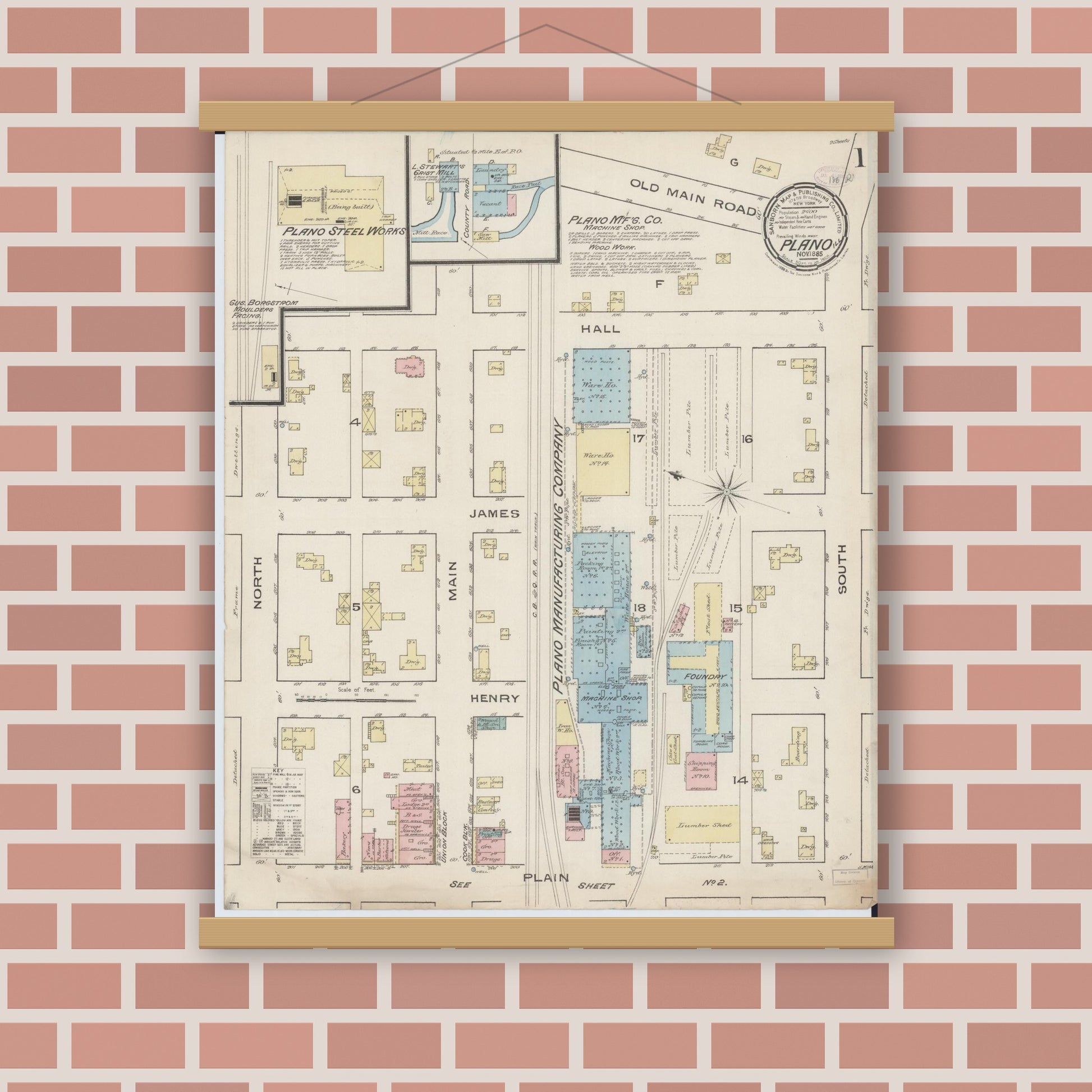 Old map wall art mockup — magnetic wood frame on brick wall — Sanborn Fire Insurance Map from Plano, Kendall County, Illinois (1885) - Complete Map Set