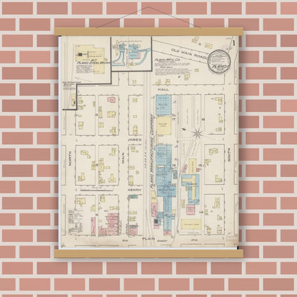 Old map wall art mockup — magnetic wood frame on brick wall — Sanborn Fire Insurance Map from Plano, Kendall County, Illinois (1885) - Complete Map Set