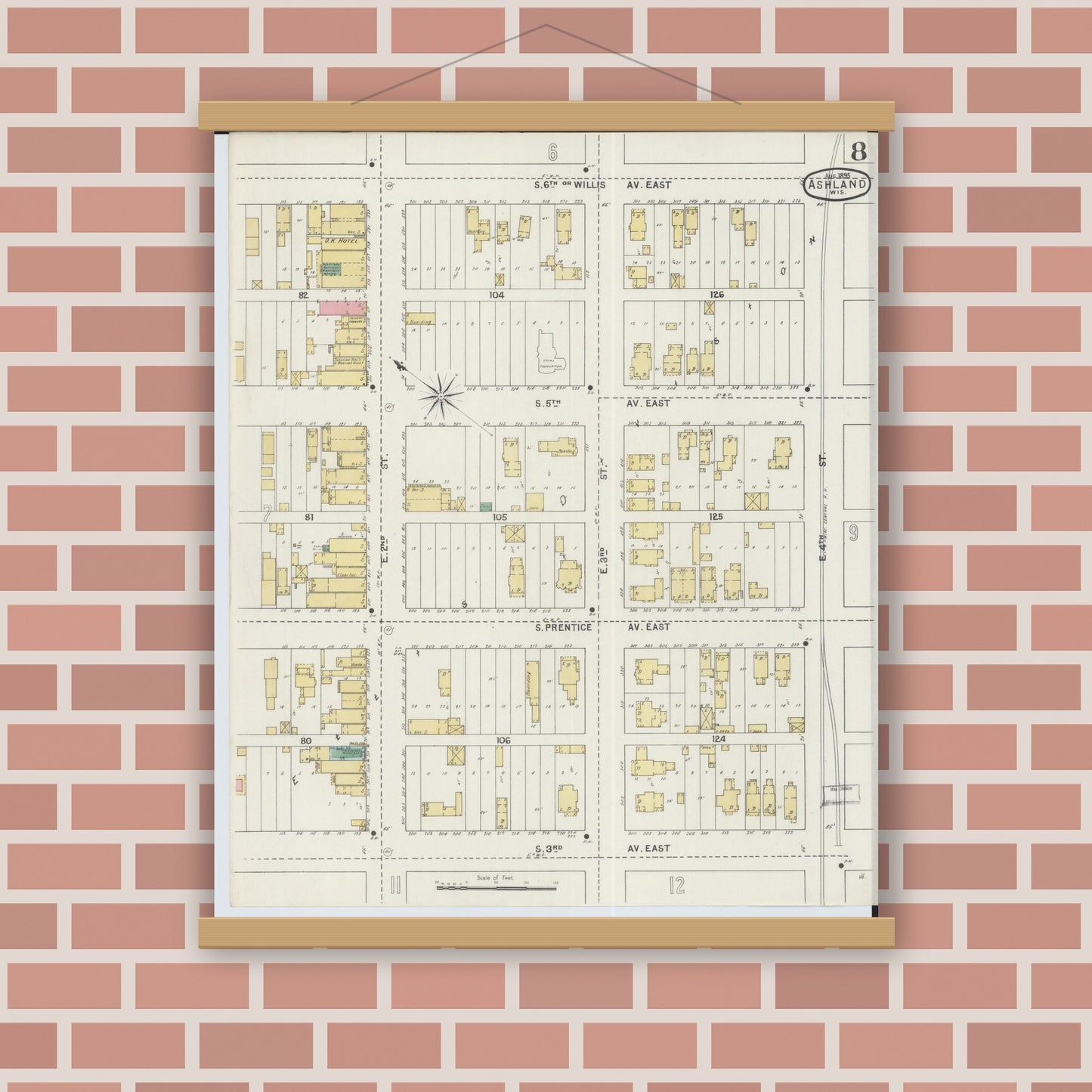 Old map wall art mockup — magnetic wood frame on brick wall — Sanborn Fire Insurance Map from Ashland, Ashland County, Wisconsin (1895), Sheet #0008
