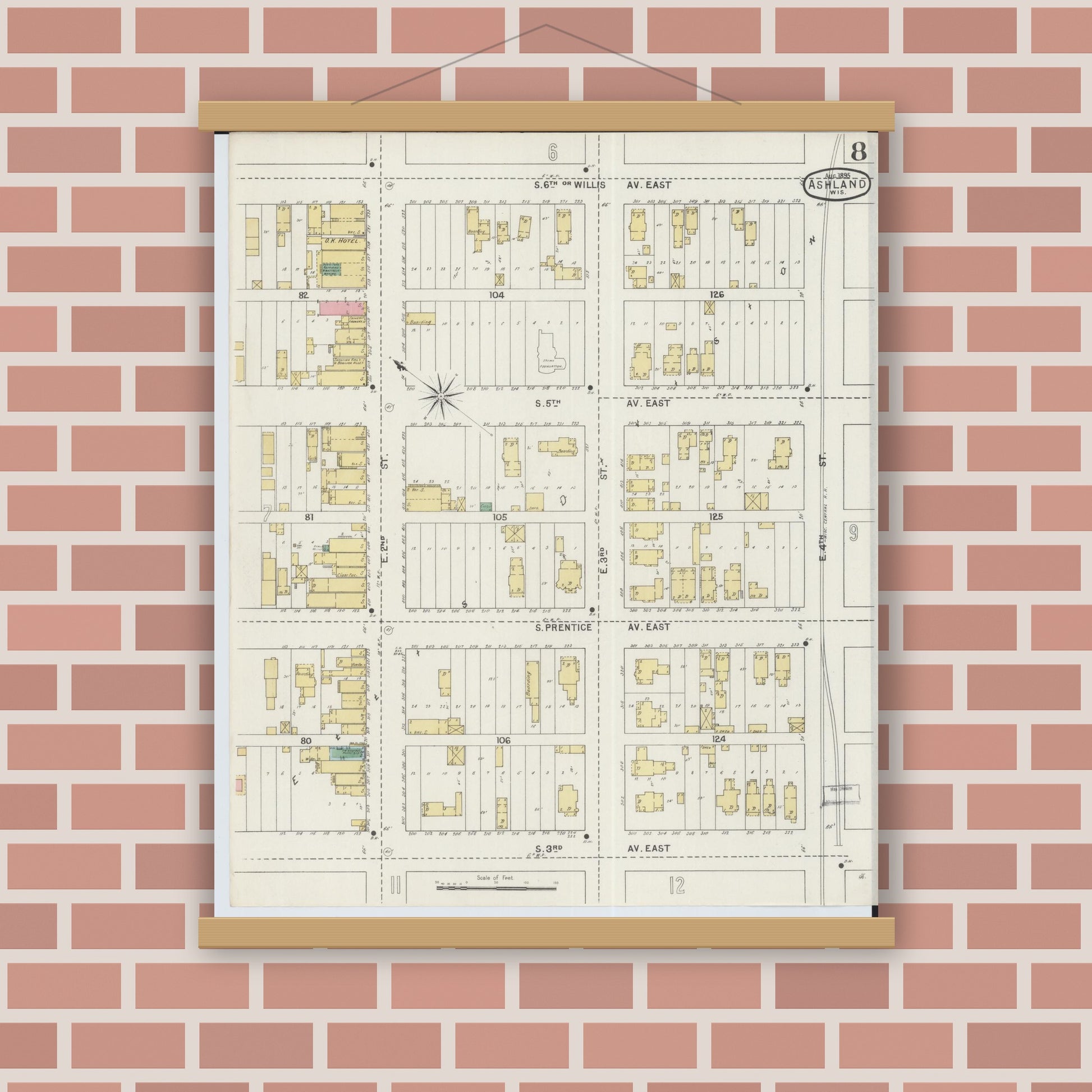 Old map wall art mockup — magnetic wood frame on brick wall — Sanborn Fire Insurance Map from Ashland, Ashland County, Wisconsin (1895), Sheet #0008