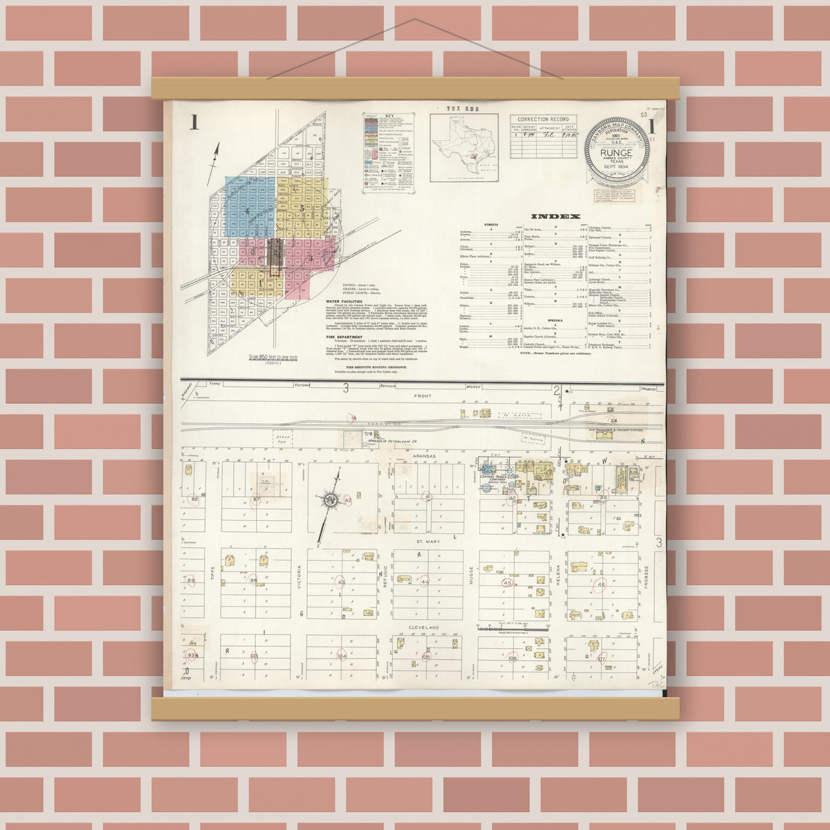 Old map wall art mockup — magnetic wood frame on brick wall — Sanborn Fire Insurance Map from Runge, Karnes County, Texas (1944) - Complete Map Set