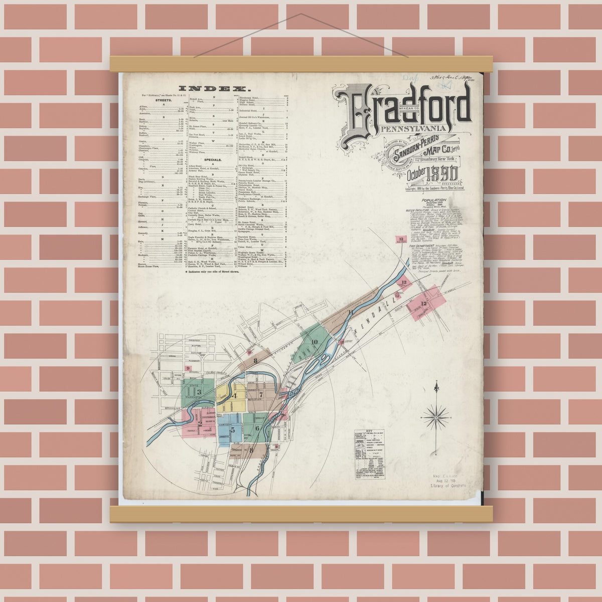 Old map wall art mockup — magnetic wood frame on brick wall — Sanborn Fire Insurance Map from Bradford, McKean County, Pennsylvania (1890), Sheet #0001