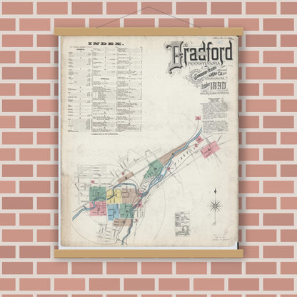 Old map wall art mockup — magnetic wood frame on brick wall — Sanborn Fire Insurance Map from Bradford, McKean County, Pennsylvania (1890), Sheet #0001