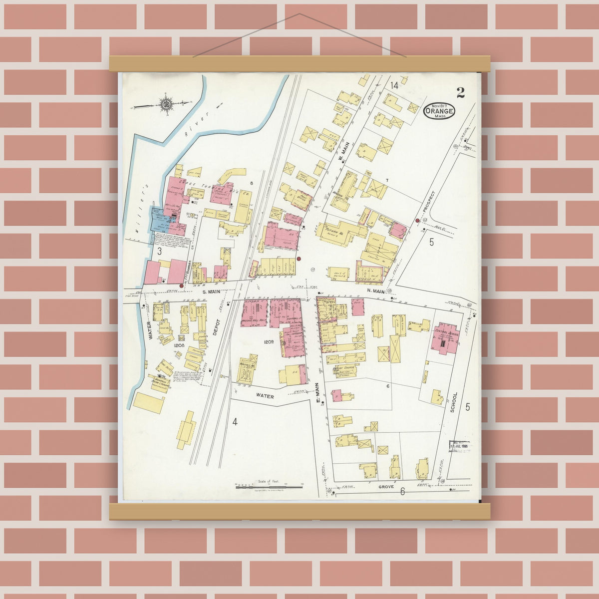 Old map wall art mockup — magnetic wood frame on brick wall — Sanborn Fire Insurance Map from Orange, Franklin County, Massachusetts (1917), Sheet #0002
