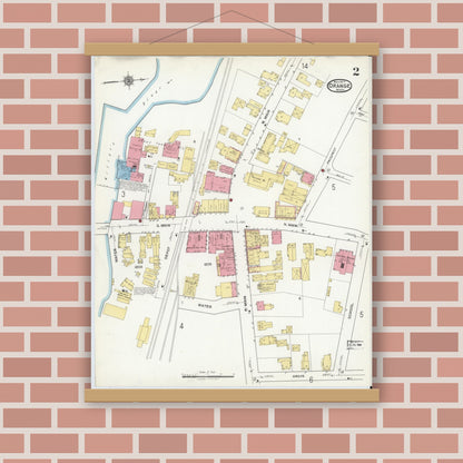 Old map wall art mockup — magnetic wood frame on brick wall — Sanborn Fire Insurance Map from Orange, Franklin County, Massachusetts (1917), Sheet #0002