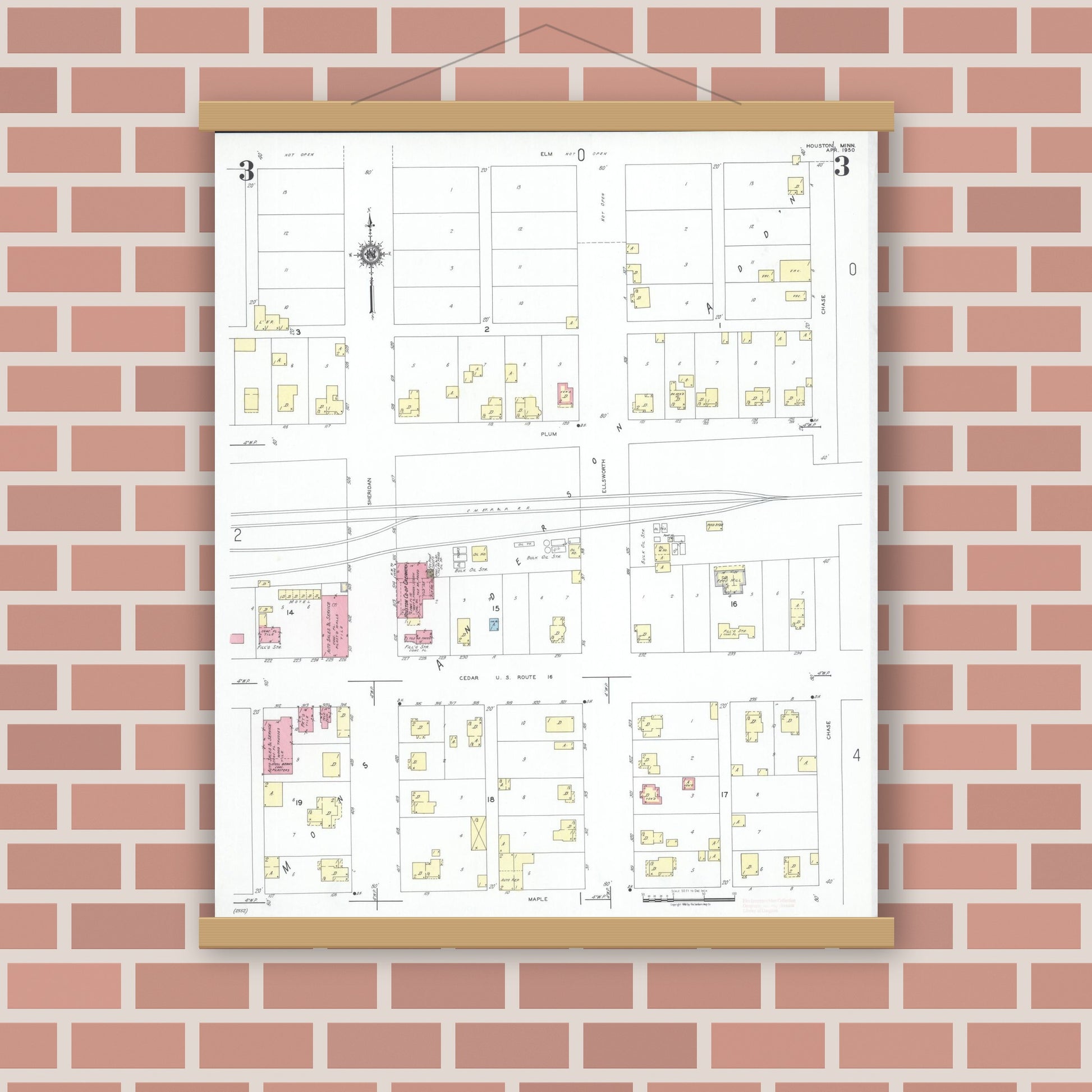 Old map wall art mockup — magnetic wood frame on brick wall — Sanborn Fire Insurance Map from Houston, Houston County, Minnesota (1950), Sheet #0003
