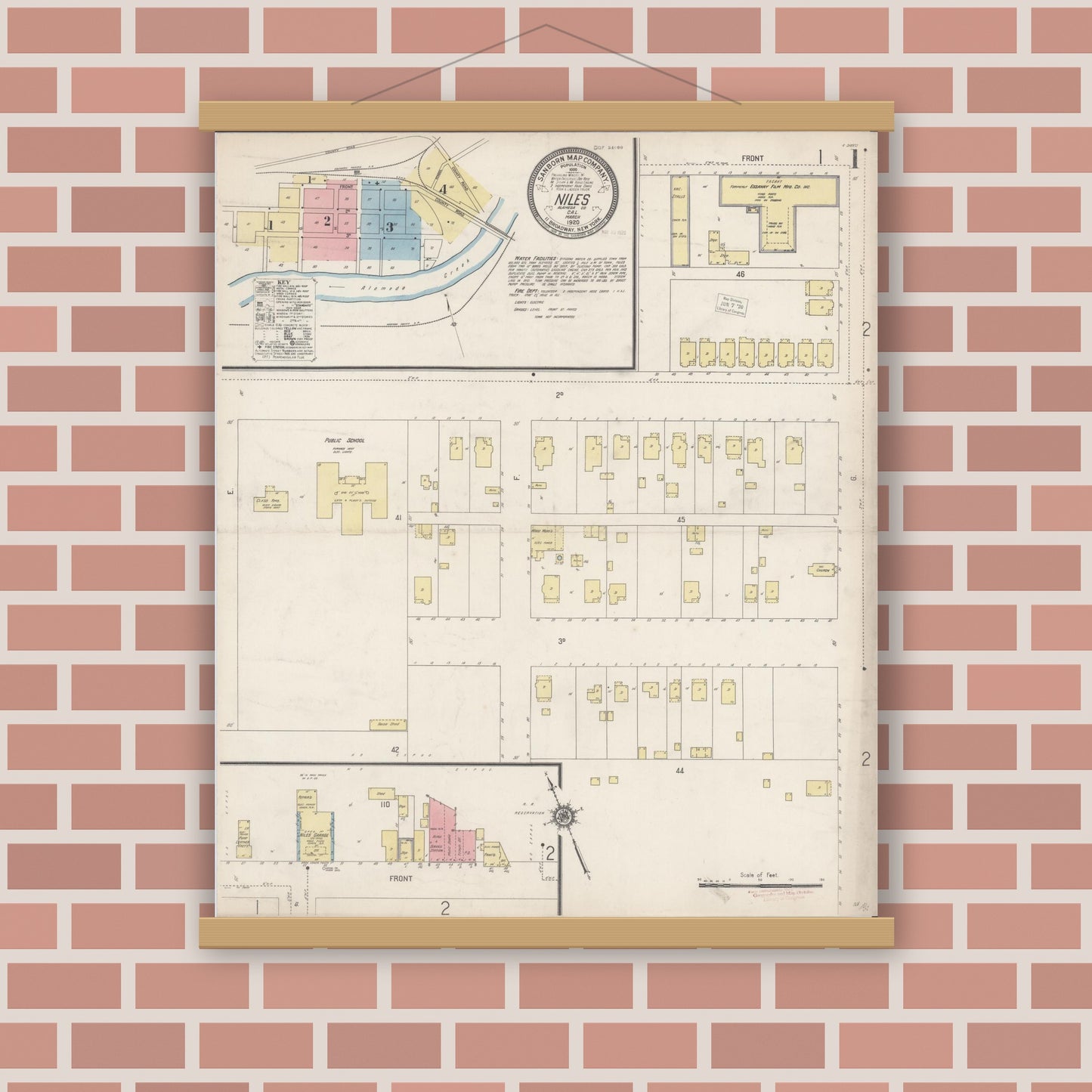 Old map wall art mockup — magnetic wood frame on brick wall — Sanborn Fire Insurance Map from Niles, Alameda County, California (1920) - Complete Map Set
