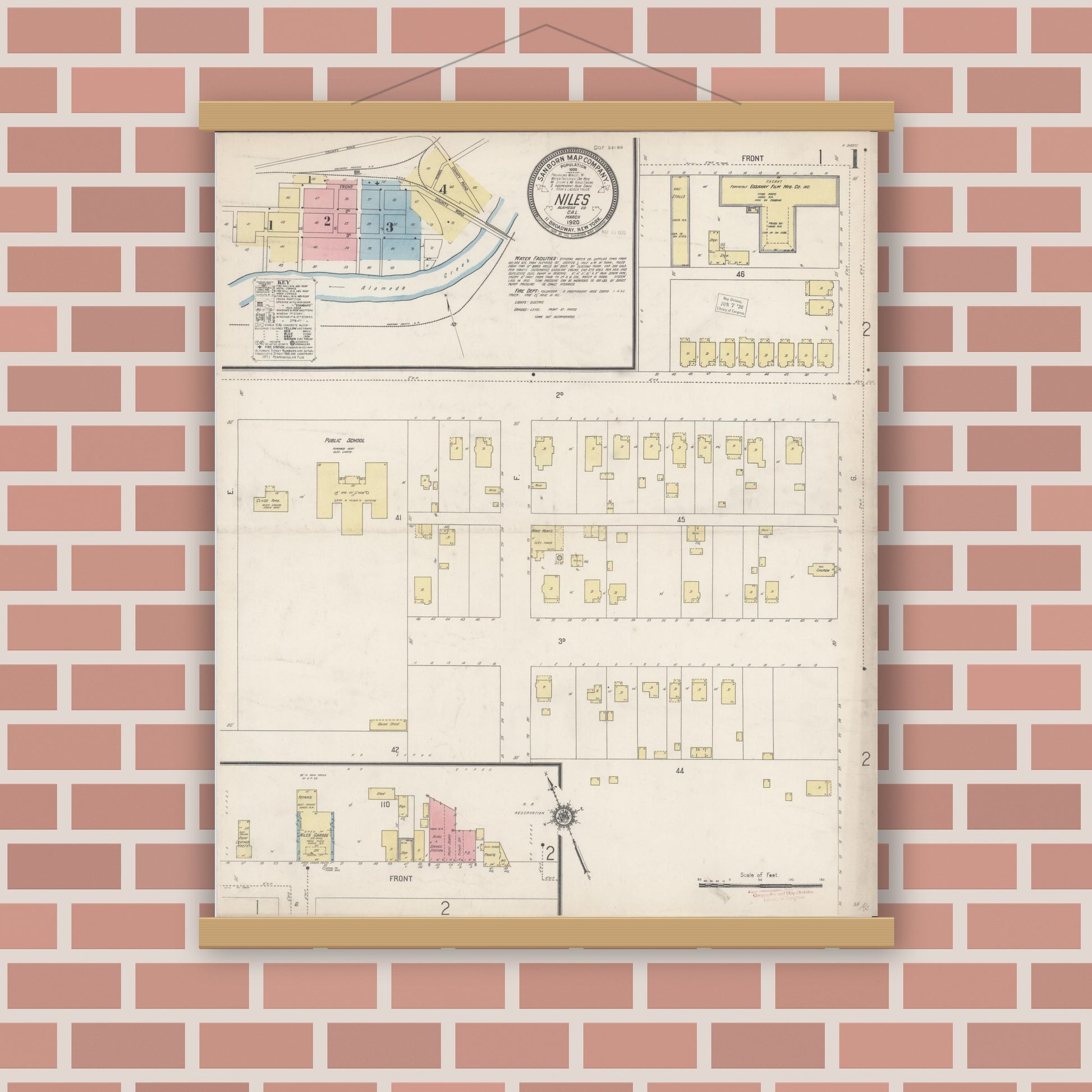 Old map wall art mockup — magnetic wood frame on brick wall — Sanborn Fire Insurance Map from Niles, Alameda County, California (1920) - Complete Map Set