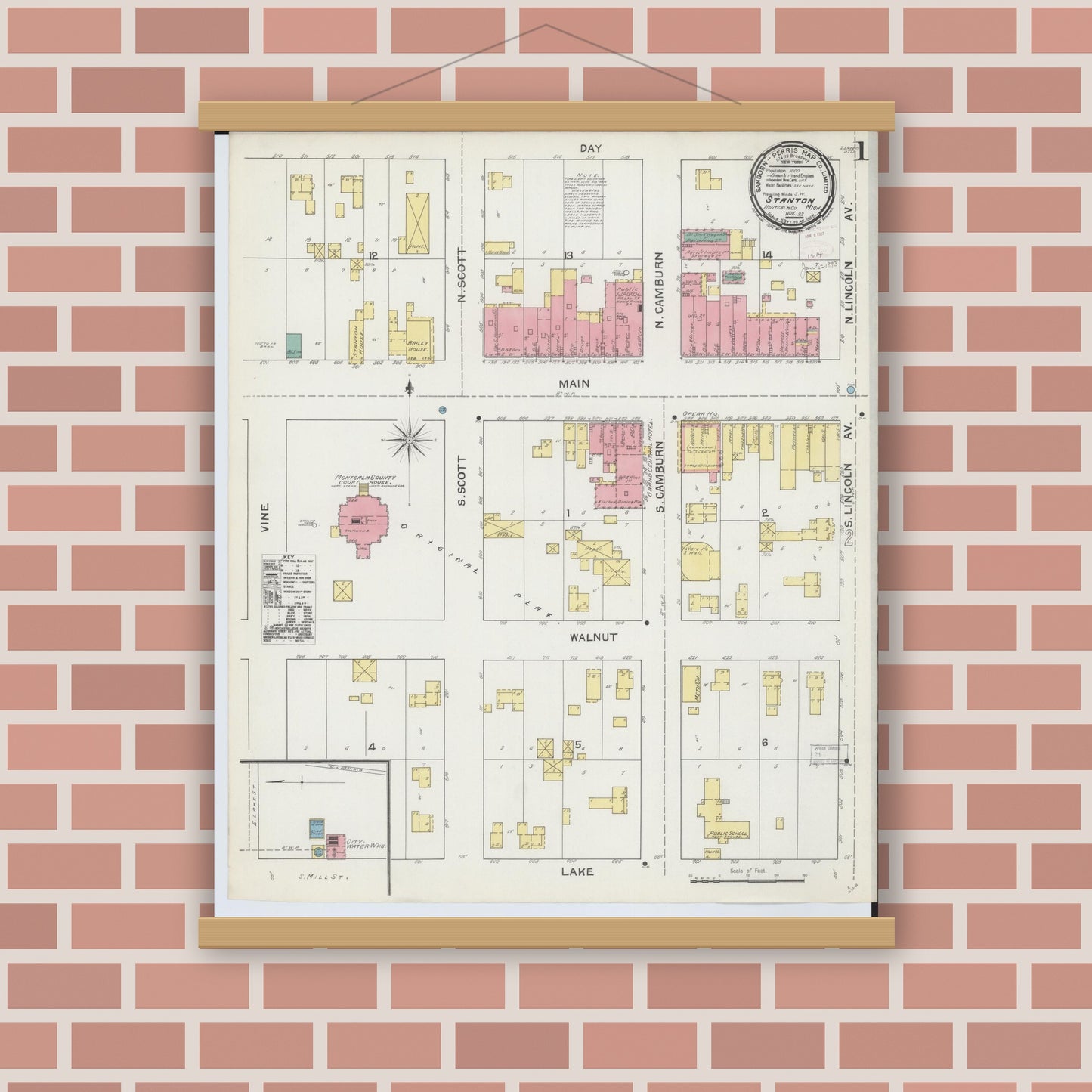 Old map wall art mockup — magnetic wood frame on brick wall — Sanborn Fire Insurance Map from Stanton, Montcalm County, Michigan (1892) - Complete Map Set