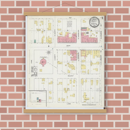 Old map wall art mockup — magnetic wood frame on brick wall — Sanborn Fire Insurance Map from Stanton, Montcalm County, Michigan (1892) - Complete Map Set
