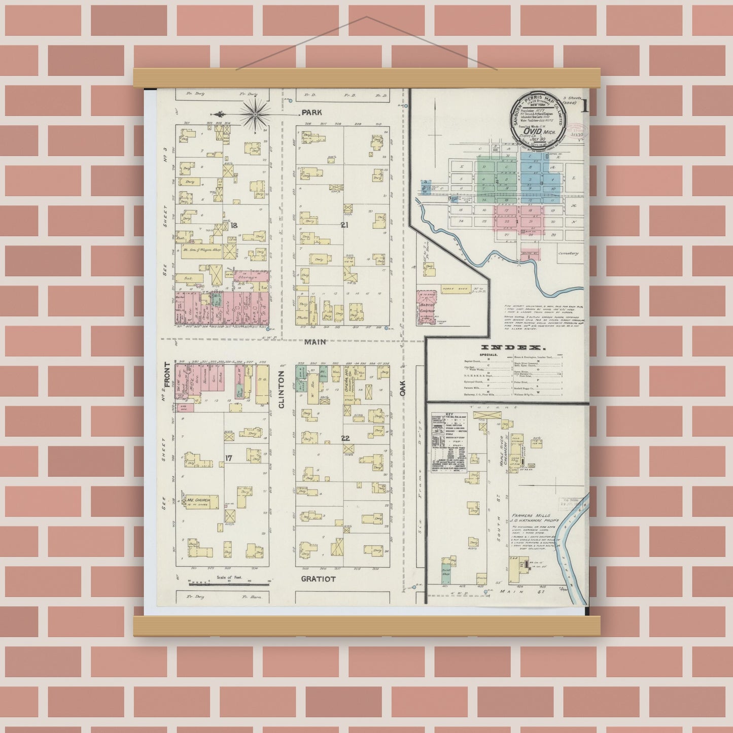 Old map wall art mockup — magnetic wood frame on brick wall — Sanborn Fire Insurance Map from Ovid, Clinton County, Michigan (1890), Sheet #0001
