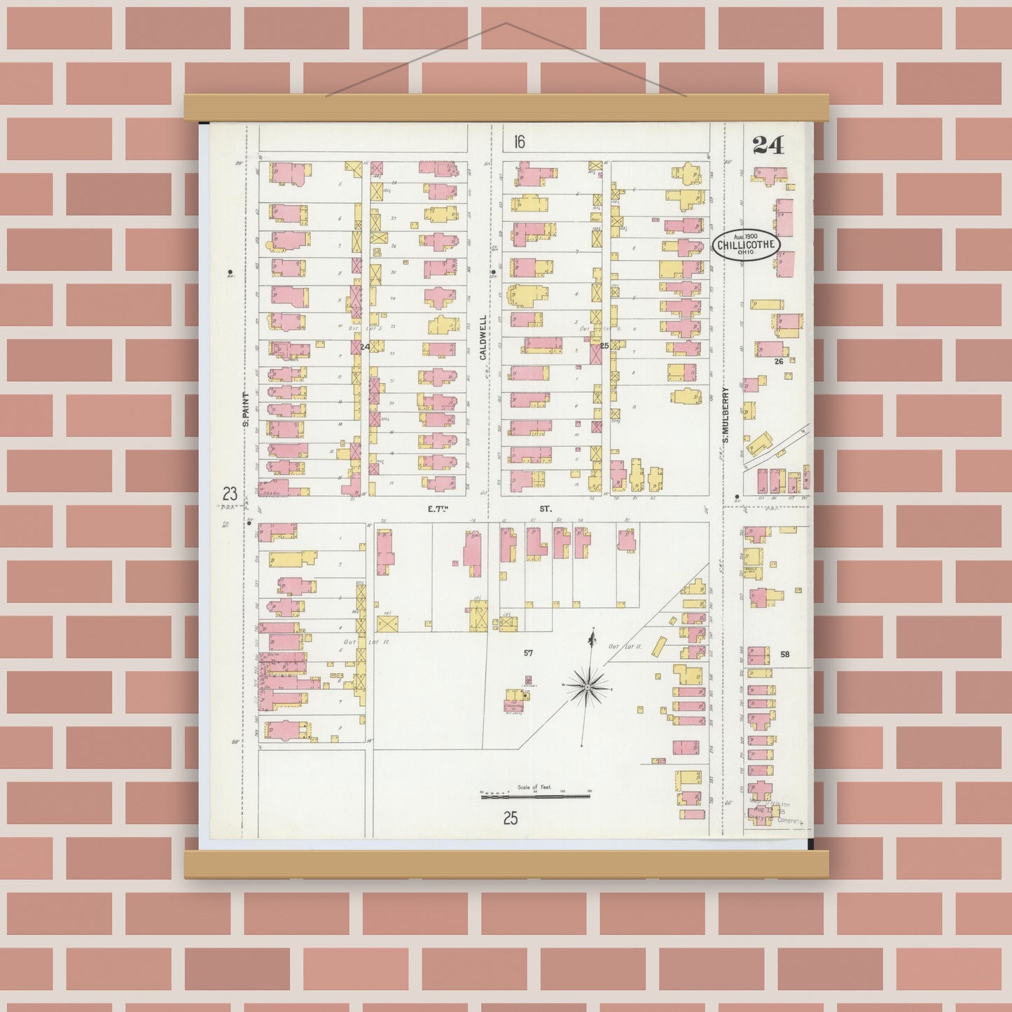 Old map wall art mockup — magnetic wood frame on brick wall — Sanborn Fire Insurance Map from Chillicothe, Ross County, Ohio (1900), Sheet #0024