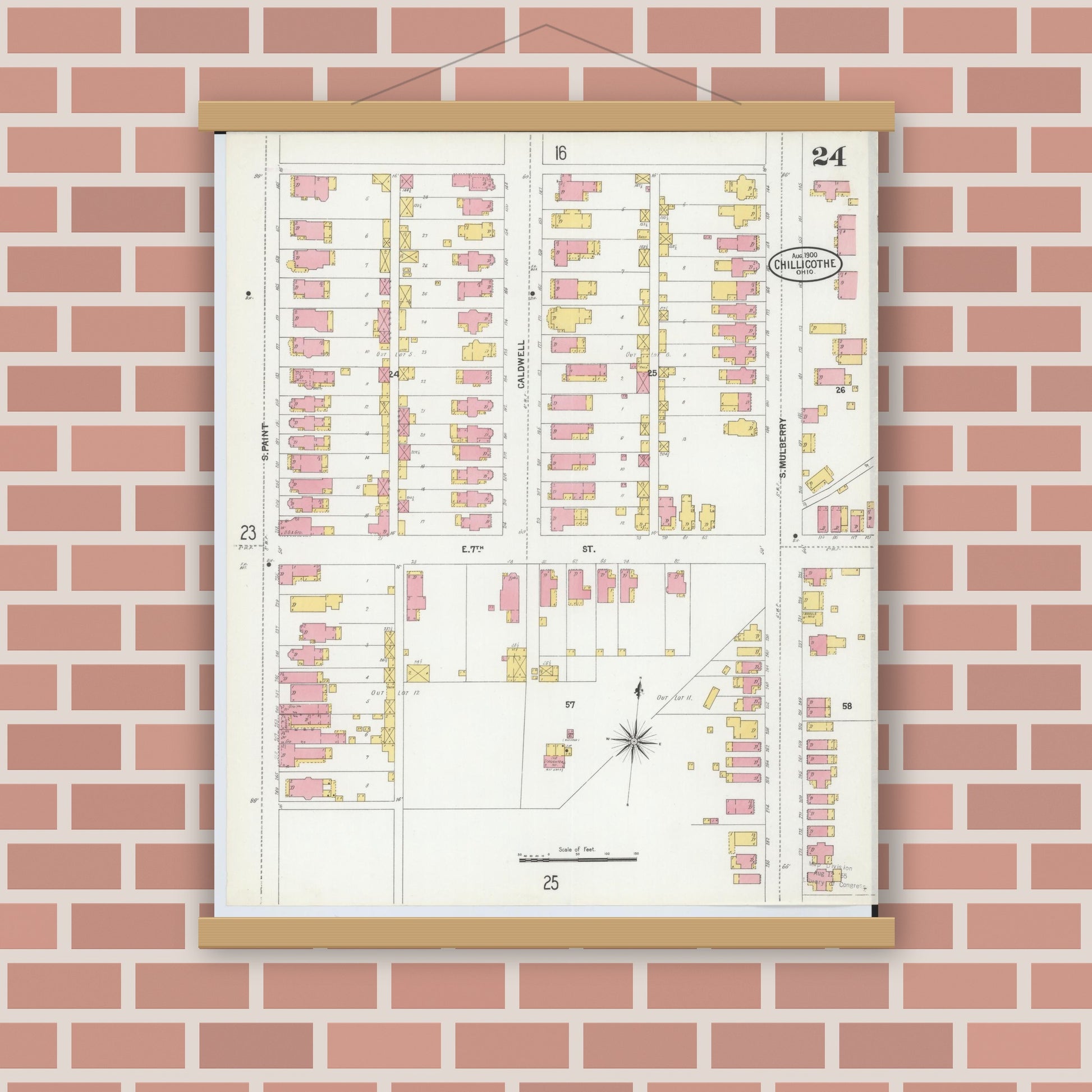 Old map wall art mockup — magnetic wood frame on brick wall — Sanborn Fire Insurance Map from Chillicothe, Ross County, Ohio (1900), Sheet #0024