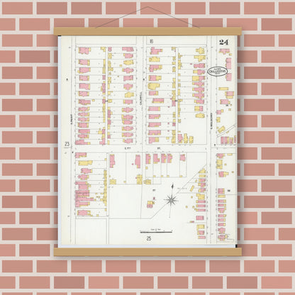 Old map wall art mockup — magnetic wood frame on brick wall — Sanborn Fire Insurance Map from Chillicothe, Ross County, Ohio (1900), Sheet #0024