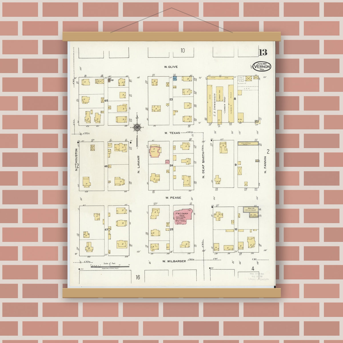 Old map wall art mockup — magnetic wood frame on brick wall — Sanborn Fire Insurance Map from Vernon, Wilbarger County, Texas (1920), Sheet #0013